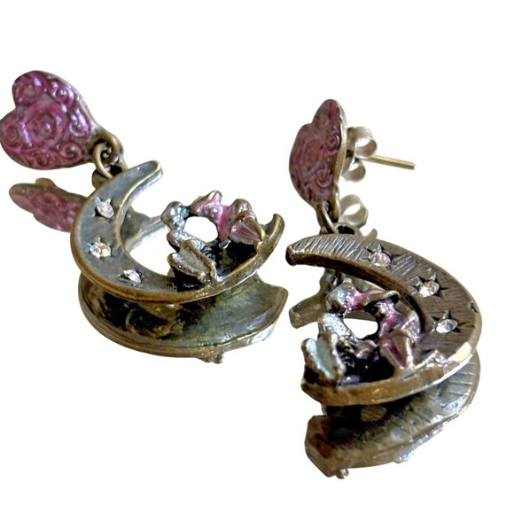 Crescent Moon‎ Earrings Heart Dangle Celestial Stars Whimsical Romantic - Picture 1 of 13